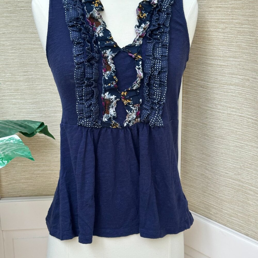 Anthropologie Deletta Ruffle Tank Top Floral Polka Dot Peplum Navy Medium - Picture 2 of 8
